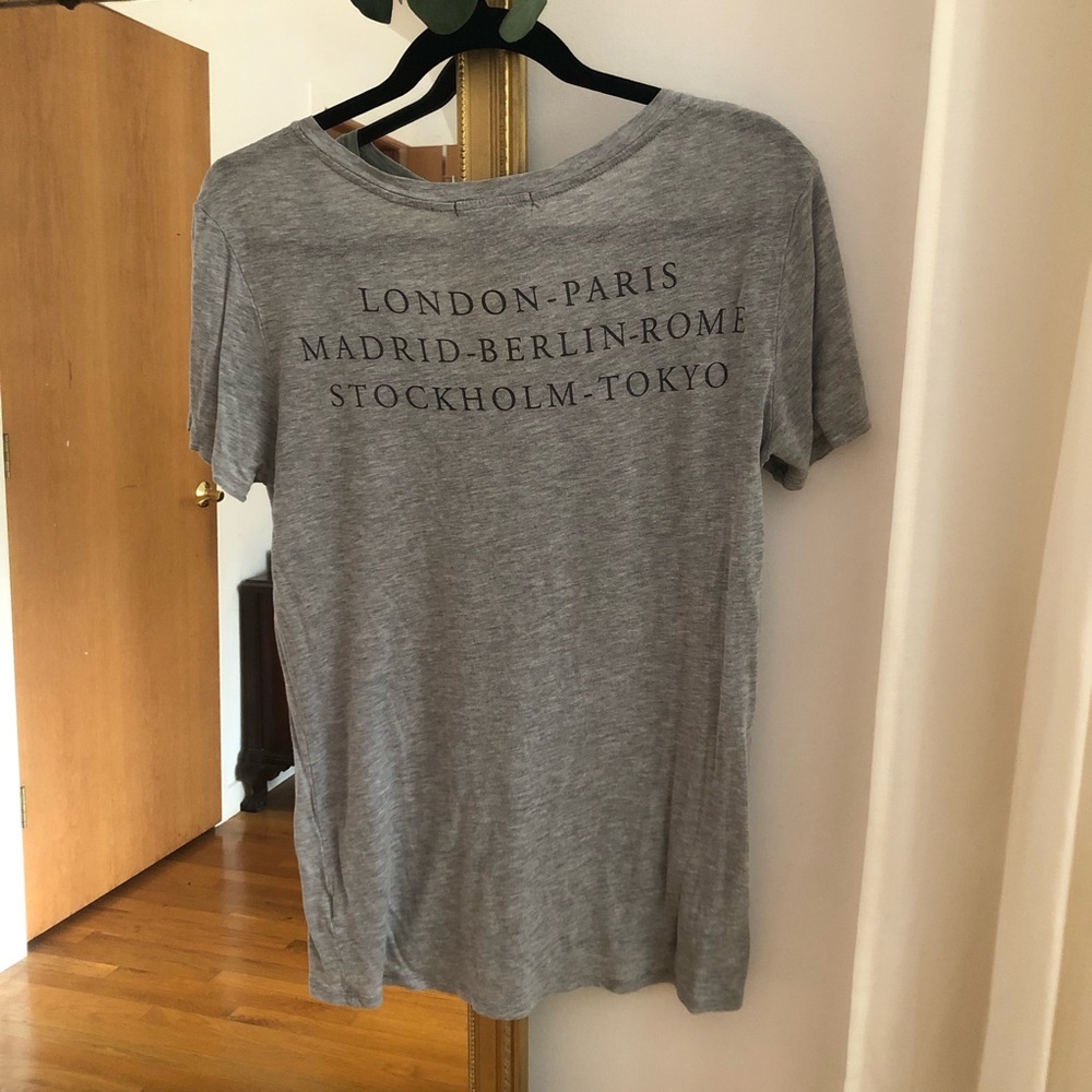 v-neck tee with city names graphic